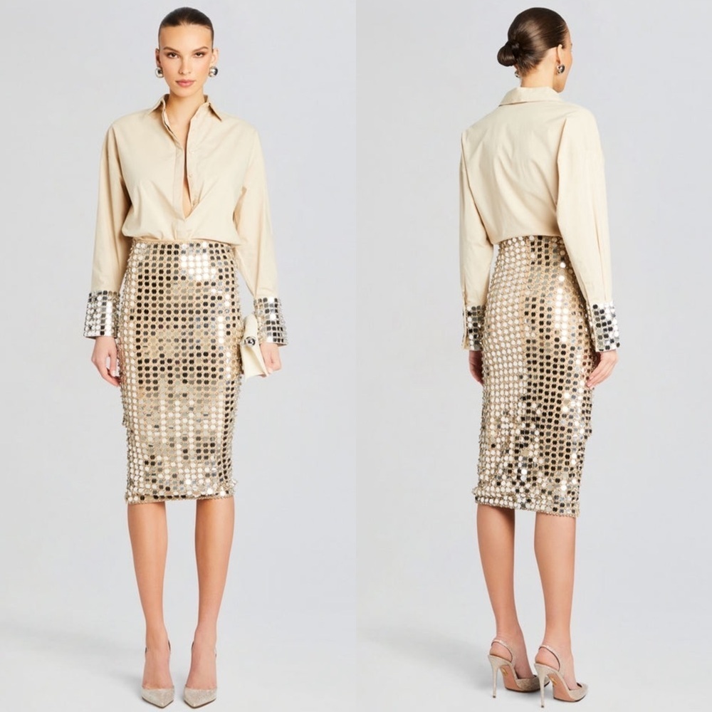 NWT RETROFETE Hand Stitched Crystal & Sequin Embellished Midi Pencil Skirt XS